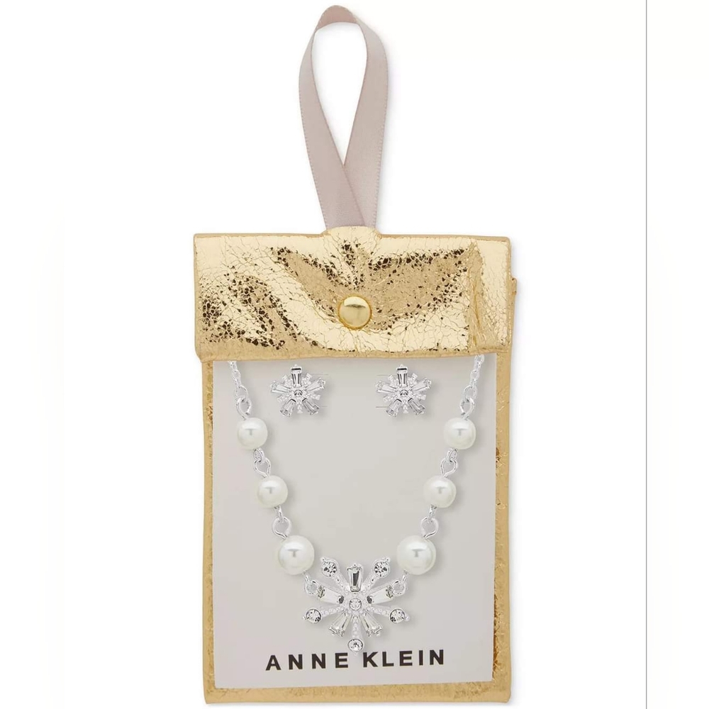 Silver-Tone Imitation Pearl &  Snowflake Necklace & Earring Set